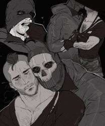 Rule 34 | 2boys, absurdres, asymmetrical hair, bara, belt, call of duty, call of duty: modern warfare 2, camouflage, camouflage pants, chest hair, closed mouth, couple, facial hair, finger to another&#039;s mouth, fingerless gloves, ghost (modern warfare 2), gloves, greyscale, highres, hood, hood down, hooded jacket, hug, hug from behind, jacket, large pectorals, male focus, mask, mask lift, monochrome, multiple boys, multiple views, muscular, muscular male, one eye closed, pants, pectorals, shirt, short hair, sidecut, skull mask, soap (modern warfare 2), undercut, wormlonde, yaoi