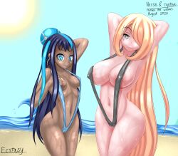 Rule 34 | 2girls, adjusting clothes, adjusting swimsuit, areola slip, armpits, arms behind head, arms up, beach, black hair, blonde hair, blue eyes, blue hair, breasts, brown eyes, cameltoe, cleavage, creatures (company), cynthia (pokemon), dark-skinned female, dark skin, earrings, ecstasy (icyblue), embarrassed, game freak, hair down, hair ornament, hair over one eye, highres, jewelry, large breasts, long hair, looking at viewer, looking down, medium breasts, multicolored hair, multiple girls, navel, nessa (pokemon), nintendo, nipple slip, nipples, ocean, pokemon, pokemon dppt, pokemon swsh, revealing clothes, sand, shiny clothes, shiny skin, slingshot swimsuit, smile, stretching, sun, sunlight, sweat, swimsuit, thick thighs, thighs, very long hair, water, waves, wet, wide hips