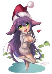 Rule 34 | 1girl, :3, ahoge, animal ears, bad id, bad pixiv id, breasts, cleavage, cleavage cutout, clothing cutout, green eyes, hamifr, hat, heart, highres, ipad, league of legends, long hair, looking at viewer, lulu (league of legends), meme attire, open-chest sweater, open mouth, purple hair, santa hat, simple background, sleeves past wrists, solo, sweater, tablet pc, thighhighs, yordle