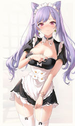 Rule 34 | 1girl, 3:, alternate costume, apron, black dress, blush, breasts, cleavage, clothes pull, cone hair bun, cowboy shot, detached collar, dress, dress pull, earrings, embarrassed, emyo, enmaided, frown, garter straps, genshin impact, hair bun, hair ears, hand on own chest, jewelry, keqing (genshin impact), large breasts, long hair, looking at viewer, maid, maid apron, maid headdress, pink eyes, purple hair, short dress, short sleeves, simple background, skindentation, solo, standing, thighhighs, thighs, twintails, underbust, waist apron, white background, white thighhighs, wrist cuffs, zettai ryouiki