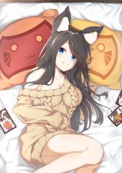 Rule 34 | 1girl, absurdres, animal ear fluff, animal ears, azur lane, bare shoulders, bed, black hair, blue eyes, breasts, cat ears, cleavage, collarbone, commentary request, fusou (azur lane), fusou (perfect partner?) (azur lane), hanafuda, highres, karla (kimidori3), long hair, long sleeves, looking at viewer, lying, on bed, pillow, ribbed sweater, smile, solo, sweater, very long hair