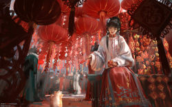 Rule 34 | 6+girls, animal, black hair, cat, chinese clothes, coat, dress, firecrackers, food, hair ornament, hanfu, happy new year, highres, holding, holding food, lantern, long hair, multiple girls, new year, original, red lantern, sakimichan (style), sitting, standing, wlop