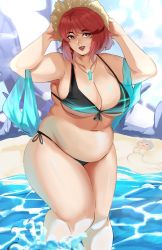 Rule 34 | 2girls, absurdres, beach, bikini, breasts, cleavage, fat, hat, highres, jewelry, large breasts, lipstick, looking at viewer, makeup, multiple girls, necklace, ocean, open mouth, puzzled artist (name), pyra (xenoblade), red eyes, red hair, robe, smile, standing, sun hat, swimsuit, thick thighs, thighs, xenoblade chronicles (series), xenoblade chronicles 2