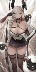 Rule 34 | 1girl, absurdres, azur lane, bare shoulders, black gloves, black horns, black skirt, braid, breasts, cable knit, center opening, chain, cleavage, coat, collarbone, dark-skinned female, dark skin, earrings, fishnet gloves, fishnet thighhighs, fishnets, gloves, grey hair, grin, hair over one eye, hair over shoulder, highres, horn ornament, horns, huge breasts, jewelry, large horns, long hair, long sleeves, looking at viewer, low twin braids, microskirt, mole, mole under mouth, open clothes, open coat, owari (azur lane), pleated skirt, sheep, skirt, skyfracture, smile, solo, thighhighs, twin braids, very long hair, wide sleeves, yellow eyes, zettai ryouiki