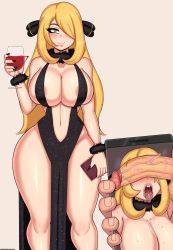 Rule 34 | 1girl, absurdres, areola slip, bag, bare shoulders, beige background, black dress, black nails, blonde hair, blush, breasts, cellphone, cleavage, closed mouth, collarbone, creatures (company), cup, cynthia (pokemon), dress, drinking glass, drunkavocado, fur collar, fur trim, game freak, grey eyes, hair ornament, hair over one eye, handbag, hetero, highres, large breasts, lips, long hair, looking at viewer, nail polish, navel, nintendo, open mouth, penis, penis on face, penis over eyes, phone, photo (object), photo comparison, pokemon, pokemon dppt, pov, saliva, sideboob, sidelocks, simple background, smartphone, smile, standing, teeth, tongue, tongue out, uncensored, upper teeth only, wine glass, wristband