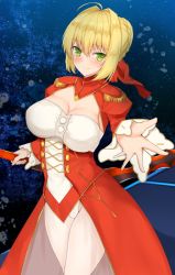 Rule 34 | 10s, 1girl, aestus estus, ahoge, blonde hair, blush, braid, breasts, cleavage, closed mouth, cowboy shot, dress, epaulettes, fate/extra, fate (series), frilled sleeves, frills, green eyes, hair intakes, hair ribbon, holding, holding sword, holding weapon, juliet sleeves, large breasts, leotard, long sleeves, looking at viewer, nero claudius (fate), nero claudius (fate) (all), nero claudius (fate/extra), noeomi, puffy sleeves, reaching, reaching towards viewer, red dress, red ribbon, ribbon, short hair, smile, solo, sword, weapon, white leotard