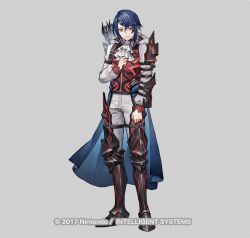 Rule 34 | 1boy, alcryst (fire emblem), armor, arrow (projectile), ascot, blue hair, commentary request, fire emblem, fire emblem engage, fire emblem heroes, full body, greaves, grey background, hair ornament, hairclip, long sleeves, looking at viewer, male focus, nintendo, official art, pants, red eyes, red vest, senano-yu, shirt, short hair, shoulder armor, sidelocks, simple background, solo, standing, vest, waist cape, white ascot, white pants, white shirt