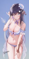 Rule 34 | 10 plus, 1girl, au ra, black hair, blue eyes, blush, breasts, commission, dragon girl, dragon horns, dragon tail, final fantasy, final fantasy xiv, gradient background, highres, horns, large breasts, long hair, looking at viewer, navel, scales, skeb commission, solo, swimsuit, tail