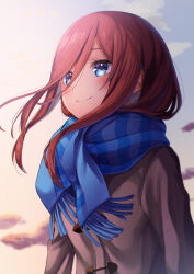 Rule 34 | 1girl, absurdres, blue eyes, blue scarf, blurry, blurry background, blush, brown coat, brown hair, closed mouth, cloud, coat, commentary request, fringe trim, go-toubun no hanayome, gradient sky, hair between eyes, highres, long hair, long sleeves, looking ahead, nakano miku, outdoors, scarf, sky, slope (check238), smile, solo, striped clothes, striped scarf, upper body