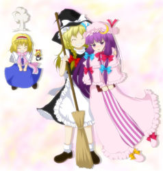 Rule 34 | 3girls, alice margatroid, blush, book, broom, capelet, chibi, embarrassed, closed eyes, female focus, grin, hat, hourai doll, hug, jealous, kirisame marisa, mitya, multiple girls, no nose, patchouli knowledge, shanghai doll, smile, smoke, touhou, witch, witch hat