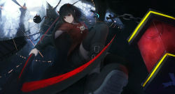 Rule 34 | 1girl, black hair, black thighhighs, blunt bangs, boots, breasts, closed mouth, from below, highres, holding, horns, jacket, long sleeves, looking at viewer, open clothes, open jacket, original, pointy ears, red eyes, shimmer, short hair, shorts, thighhighs, zettai ryouiki