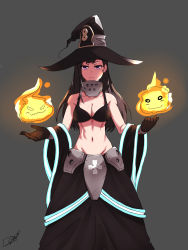 Rule 34 | 1girl, 9bank thedg, abs, alternate costume, armored skirt, bikini, bikini top only, black bikini, black gloves, black hair, black hat, breasts, cleavage, collarbone, cowboy shot, detached sleeves, en&#039;en no shouboutai, fire, gloves, grey background, groin, hat, highres, long hair, looking at viewer, maki oze, medium breasts, midriff, navel, o-ring, o-ring top, purple eyes, signature, simple background, solo, spirit, straight hair, swimsuit, wide sleeves, witch hat