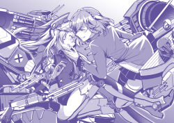 Rule 34 | 2girls, azur lane, blush, bob cut, boots, braid, breasts, commentary request, cross, fei luo mao, french braid, garter straps, gloves, hand on another&#039;s chin, iron cross, licking lips, mole, mole on breast, monochrome, multiple girls, open mouth, pleated skirt, prince of wales (azur lane), prinz eugen (azur lane), purple theme, red eyes, rigging, skirt, sword, thigh boots, thighhighs, tongue, tongue out, twintails, water, weapon