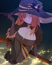 Rule 34 | 1girl, beijuu, black footwear, black gloves, black pantyhose, blush, bolt action, bow, breasts, cape, choker, cleavage, girls&#039; frontline, gloves, green eyes, gun, halloween, halloween costume, hat, hat bow, large breasts, long hair, looking at viewer, m1903 springfield, night, official alternate costume, orange hair, outdoors, pantyhose, parted lips, rifle, sitting, solo, springfield (classic witch) (girls&#039; frontline), springfield (girls&#039; frontline), weapon, witch hat