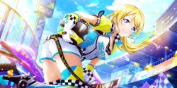Rule 34 | 1girl, absurdres, alternate hairstyle, aqua footwear, aqua gloves, artist name, artist request, asymmetrical gloves, ayase eli, belt, belt buckle, black belt, black footwear, blonde hair, blue eyes, blue sky, blush, boots, breasts, buckle, cleavage, clothes writing, cloud, collarbone, day, earrings, female focus, floating hair, gloves, hair between eyes, hair ornament, hairclip, unworn headwear, helmet, unworn helmet, high collar, high heels, highres, holding, holding helmet, jewelry, leaning forward, long hair, looking at viewer, love live!, love live! school idol festival, love live! school idol festival all stars, love live! school idol project, medium breasts, mismatched gloves, outdoors, pants, parted lips, puffy short sleeves, puffy sleeves, queen of the circuit (love live!), racer uniform, shirt, short hair, short shorts, short sleeves, shorts, sky, smile, solo, wheel print, white gloves, white legwear, white pants, white shirt, white shorts, wing collar