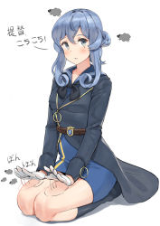 Rule 34 | 1girl, absurdres, bad id, bad pixiv id, black neckwear, blue eyes, blue hair, blue jacket, blue sailor collar, blue shirt, blue skirt, commentary request, gloves, gotland (kancolle), hair between eyes, hair bun, half gloves, highres, jacket, kantai collection, lap pillow invitation, long hair, long sleeves, looking at viewer, military, military uniform, mole, mole under eye, osananajimi neko, parted lips, patting lap, revision, sailor collar, seiza, sheep, shirt, sidelocks, simple background, single hair bun, sitting, skirt, solo, translated, uniform, white background, white gloves