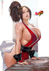 Rule 34 | 1girl, armor, breasts, brown eyes, brown hair, cleavage, commentary, english commentary, english text, fatal fury, forehead, halterneck, high ponytail, huge breasts, japanese armor, japanese clothes, kote, lips, long hair, looking at viewer, ninja, no bra, no panties, nose, obi, parted bangs, pelvic curtain, poolside, rejean dubois, sash, shiranui mai, sideboob, sleeveless, snk, solo, speech bubble, the king of fighters, thick thighs, thighs, water drop, wet, wet clothes