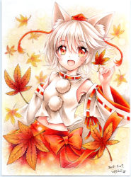 Rule 34 | 1girl, animal ear fluff, animal ears, armpits, bow, brown eyes, colored pencil (medium), commentary, dated, detached sleeves, fang, hakama, hakama short skirt, hakama skirt, hand up, happy, hat, holding, holding leaf, inubashiri momiji, japanese clothes, leaf, looking at viewer, maple leaf, marker (medium), midriff, mosho, navel, red eyes, ribbon-trimmed sleeves, ribbon trim, scan, short hair, signature, silver hair, skirt, smile, solo, tail, texture, tokin hat, touhou, traditional media, wolf ears, wolf tail