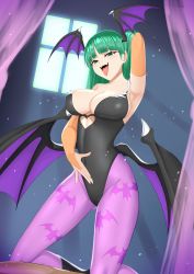 Rule 34 | 1girl, absurdres, animal print, armpits, bare shoulders, bat print, bat wings, black leotard, boots, breasts, bridal gauntlets, capcom, cleavage, clothing cutout, commentary, covered erect nipples, curtains, demon, demon girl, fangs, green eyes, green hair, head wings, heart cutout, highleg, highleg leotard, highres, imubainu, kneeling, large breasts, leotard, light rays, long hair, matching hair/eyes, monster girl, morrigan aensland, navel, pantyhose, pectorals, pink pantyhose, seductive smile, smile, sunbeam, sunlight, tongue, tongue out, vampire (game), window, wings