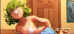 Rule 34 | 1girl, ^ ^, bare arms, bare shoulders, bra, clenched teeth, closed eyes, commentary, door, greatest freakout ever, green hair, highres, implied object insertion, indoors, khyle., meme, multiple views, one-punch man, strap slip, tatsumaki, teeth, underwear, white bra
