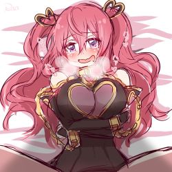 Rule 34 | 1girl, breasts, chain, cleavage cutout, clothing cutout, heavy breathing, kuka (princess connect!), princess connect!, purple eyes, red hair, rutakun, twintails