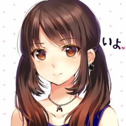 Rule 34 | 1girl, bad id, bad pixiv id, blush, brown eyes, brown hair, collarbone, earrings, jewelry, light smile, looking at viewer, lowres, momoko (momopoco), necklace, original, portrait, sleeveless, solo, star (symbol), twintails