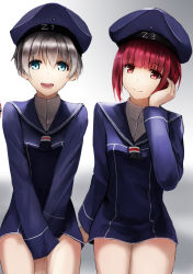Rule 34 | 10s, 3girls, :d, akabane rin, between legs, blue eyes, clothes writing, hand on own cheek, hand on own face, hat, highres, kantai collection, long sleeves, looking at viewer, multiple girls, open mouth, prinz eugen (kancolle), red eyes, red hair, sailor collar, sailor hat, short hair, sidelocks, silver hair, smile, v arms, z1 leberecht maass (kancolle), z3 max schultz (kancolle)