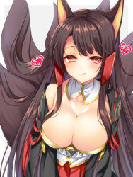 Rule 34 | 1girl, :&gt;, :q, agekichi (heart shape), akagi (azur lane), animal ears, arms at sides, azur lane, bad id, bad pixiv id, black hair, blush, breasts, cleavage, closed mouth, fox ears, fox tail, half-closed eyes, headgear, heart, heart-shaped pupils, kitsune, kyuubi, large breasts, long hair, looking at viewer, multiple tails, pink eyes, sidelocks, smile, solo, symbol-shaped pupils, tail, tareme, tongue, tongue out, upper body