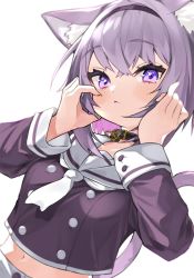 Rule 34 | 1girl, animal ear fluff, animal ears, black collar, blouse, blush, breasts, cat ears, cat girl, cat tail, closed mouth, collar, commentary, cropped shirt, dutch angle, eyelashes, hair between eyes, hairband, hands on own face, highres, hololive, light purple hair, long sleeves, looking at viewer, medium breasts, midriff, narita tamezou, navel, nekomata okayu, nekomata okayu (casual), purple eyes, purple shirt, sailor collar, school uniform, serafuku, shirt, short hair, simple background, solo, tail, upper body, virtual youtuber, white background, white neckwear