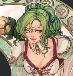 Rule 34 | 1girl, breasts, circlet, cleavage, close-up, dress, elbow gloves, fire emblem, fire emblem: the sacred stones, gloves, green eyes, holding, holding staff, iaurencin, jewelry, l&#039;arachel (fire emblem), lips, looking at viewer, medium breasts, multi-tied hair, nintendo, parted hair, pendant, see-through, see-through sleeves, smile, solo, staff, v-shaped eyebrows, white dress, white gloves
