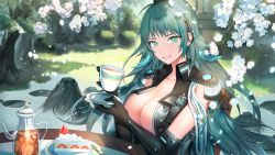 Rule 34 | 1girl, action taimanin, branch, breasts, bush, cake, cleavage, collarbone, collared shirt, cup, elbow gloves, food, fork, game cg, garden, gloves, grass, green eyes, green hair, highres, iced tea, large breasts, long hair, looking at viewer, lydia barreta (taimanin), plate, sand, saucer, shirt, smile, source request, stone, strawberry shortcake, taimanin (series), teacup, teapot, tree
