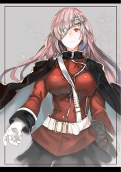 Rule 34 | 1girl, alternate hairstyle, bandage over one eye, belt buckle, between breasts, black skirt, breasts, buckle, cape, closed mouth, commentary request, cowboy shot, fate/grand order, fate (series), florence nightingale (fate), florence nightingale (third ascension) (fate), framed, gloves, grey background, hair down, harutask, highres, impossible clothes, impossible jacket, jacket, large breasts, light smile, long hair, long sleeves, looking at viewer, military, military uniform, pink hair, pouch, red eyes, red jacket, skirt, solo, standing, strap between breasts, thick eyebrows, turtleneck, uniform, white gloves