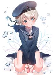 Rule 34 | 1girl, bad id, bad twitter id, black socks, blue eyes, blush, closed mouth, clothes writing, commentary, dress, hair between eyes, hat, kantai collection, long sleeves, looking at viewer, mia (miaflocon), military, military uniform, peaked cap, sailor dress, sailor hat, seiza, short hair, silver hair, sitting, smile, socks, solo, uniform, water drop, white background, z1 leberecht maass (kancolle)