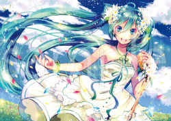 Rule 34 | 1girl, bad id, bad pixiv id, bracelet, cloud, day, dress, green eyes, green hair, hatsune miku, jewelry, long hair, lowres, matching hair/eyes, microphone, necklace, open mouth, sazanami shione, sky, solo, twintails, very long hair, vocaloid
