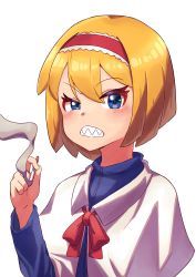 Rule 34 | 1girl, absurdres, alice margatroid, blonde hair, blue dress, blue eyes, blush, breasts, capelet, cigarette, clenched teeth, commentary request, cookie (touhou), dress, frilled hairband, frills, hair between eyes, hairband, highres, holding, holding cigarette, long sleeves, looking at viewer, red hairband, sharp teeth, short hair, simple background, smoking, solo, taisa (cookie), teeth, touhou, tsugumi amon, unaligned breasts, uneven eyes, upper body, white background, white capelet
