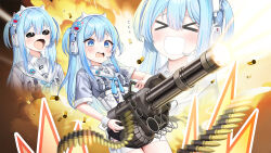 Rule 34 | &gt; &lt;, 1girl, blue eyes, blue hair, blue neckerchief, blush, breasts, bullet, closed eyes, commentary request, crying cat (meme), explosion, fake horns, fang, flying sweatdrops, gatling gun, goddess of victory: nikke, grey shirt, gun, hair between eyes, headphones, headset, high-waist skirt, highres, holding, holding gun, holding weapon, horns, jehyun, m134 minigun, mask, mask on head, medium breasts, meme, motion blur, multiple views, neckerchief, oni mask, open mouth, sailor collar, shell casing, shifty (nikke), shirt, short sleeves, skirt, two side up, wavy mouth, weapon, white sailor collar, white skirt