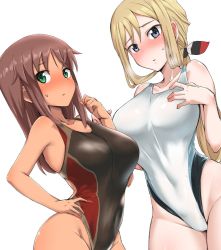 Rule 34 | 2girls, alice gear aegis, ayuayu (shouyu no sato), black one-piece swimsuit, blonde hair, blue eyes, blush, breasts, brown hair, closed mouth, collarbone, commentary request, competition swimsuit, covered navel, cowboy shot, green eyes, hand on own hip, highleg, highleg swimsuit, kaneshiya sitara, large breasts, looking at viewer, low ponytail, multiple girls, one-piece swimsuit, rita henschel, simple background, standing, sweat, swimsuit, tan, white background