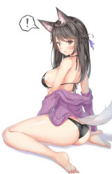 Rule 34 | !, 1girl, animal ears, arched back, arm support, ass, bare shoulders, bikini, black bikini, blush, braid, breasts, cenangam, dog ears, dog tail, facial mark, french braid, from behind, full body, hair between eyes, long hair, looking at viewer, md5 mismatch, medium breasts, nail, off-shoulder shirt, off shoulder, original, parted lips, resolution mismatch, shirt, sideboob, simple background, sitting, soles, solo, source larger, spoken exclamation mark, swimsuit, tail, thighs, toes, whisker markings, white background, yellow eyes