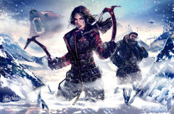 Rule 34 | 1boy, 1girl, aircraft, animal, bear, beard, bird, brown eyes, brown hair, cloud, coat, cold, dual wielding, epic, facial hair, gloves, helicopter, holding, ice axe, lara croft, long hair, mountain, open mouth, red coat, short hair, snow, standing, tomb raider, tomb raider (reboot), weapon