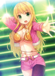 Rule 34 | 1girl, belly chain, blonde hair, breasts, cool &amp; sexy (idolmaster), green eyes, hoshii miki, idolmaster, idolmaster (classic), jewelry, large breasts, long hair, open mouth, pantyhose, shorts, single leg pantyhose, siva (executor), solo