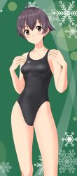 Rule 34 | 1girl, absurdres, ahoge, black hair, black one-piece swimsuit, breasts, brown eyes, competition swimsuit, cowboy shot, green background, highres, kantai collection, logo, looking at viewer, one-piece swimsuit, sakawa (kancolle), short hair, small breasts, snowflake background, solo, speedo (company), standing, swimsuit, takafumi