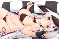 Rule 34 | 1girl, bare arms, bikini, black bikini, black bow, bow, breasts, brown eyes, character name, cisyo, commentary request, detached collar, five-seven (cruise queen) (girls&#039; frontline), five-seven (girls&#039; frontline), girls&#039; frontline, gun, hair between eyes, hair ornament, handgun, head tilt, indoors, large breasts, long hair, looking at viewer, lying, navel, official alternate costume, on back, parted lips, ponytail, pulled by self, shiny skin, side-tie bikini bottom, silver hair, solo, strap pull, swimsuit, very long hair, weapon