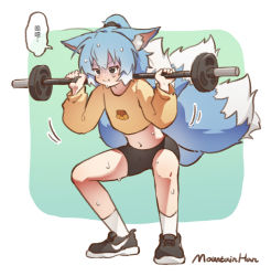 Rule 34 | 1girl, :t, ah zhong (mountain han), alternate hairstyle, animal ears, barbell, bike shorts, black eyes, black footwear, blue hair, chinese text, closed mouth, cropped shirt, exercising, fox ears, fox tail, full body, green background, gym shorts, long sleeves, midriff, mountain han, multiple tails, navel, nike (company), original, ponytail, shirt, shoes, shorts, signature, socks, solo, squatting, sweat, tail, translation request, turn pale, weightlifting, white socks, yellow shirt