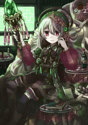 Rule 34 | 10s, 1girl, belt, black thighhighs, book, bottle, chain chronicle, chess piece, closed mouth, elf, fantasy, gem, green gemstone, grey hair, hair between eyes, hair ornament, hand on own cheek, hand on own face, hat, jewelry, long hair, looking at viewer, mena, mena (suzunoki), necklace, orb, original, paper, pointy ears, red eyes, rod, see-through, sitting, smile, solo, staff, tassel, thighhighs, window, wine bottle, zettai ryouiki