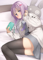 Rule 34 | 1girl, a.i. voice, ass, bed, black shirt, black thighhighs, blush, cardigan, closed mouth, commentary request, earbuds, earphones, feet out of frame, grey shirt, grey skirt, hair ornament, hairclip, highres, holding, holding phone, kanzen bouon, looking at viewer, lying, on bed, on side, open cardigan, open clothes, panties, phone, pillow, pleated skirt, purple eyes, purple hair, purple neckwear, sailor collar, school uniform, serafuku, shirt, skirt, solo, stuffed animal, stuffed rabbit, stuffed toy, thighhighs, undershirt, underwear, voiceroid, white cardigan, white panties, white sailor collar, yuzuki yukari, yuzuki yukari (shizuku)