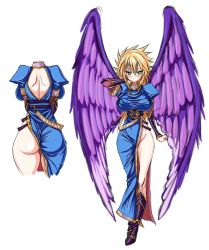 Rule 34 | 1girl, angel wings, arm up, ass, black wings, blonde hair, boots, breasts, breath of fire, breath of fire ii, character sheet, covered erect nipples, curvy, dress, hip focus, huge breasts, knee boots, large breasts, legs, long hair, nina (breath of fire ii), no panties, non-web source, side slit, thighs, wide hips, wings