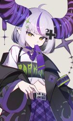 Rule 34 | 1girl, absurdres, ahoge, belt, black belt, black jacket, choker, clothes writing, crescent, crescent hair ornament, cropped shirt, cross hair ornament, demon horns, ear piercing, flame print, grey hair, hair ornament, highres, hololive, homake, horns, jacket, la+ darknesss, la+ darknesss (casual), looking at viewer, mouth hold, multicolored hair, navel, necktie, official alternate costume, piercing, plaid, plaid skirt, pointy ears, purple choker, purple hair, purple necktie, purple skirt, shirt, skirt, solo, streaked hair, virtual youtuber, white shirt, yellow eyes