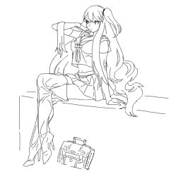 Rule 34 | 10s, 1girl, abyssal ship, adjusting hair, aircraft carrier princess, alternate costume, arm support, bag, boots, cosmic bear, eyelashes, greyscale, gyaru, hair flowing over, high heel boots, high heels, kantai collection, kogal, crossed legs, long hair, looking to the side, midriff, monochrome, navel, school bag, school uniform, side ponytail, sidelocks, simple background, sitting, sketch, solo, thigh boots, thighhighs, very long hair, white background, zettai ryouiki