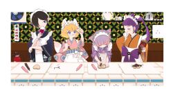 Rule 34 | 4girls, :&lt;, alcohol, animal ears, apron, arm up, black hair, blonde hair, blue eyes, blue kimono, border, bottle, bow, cat ears, cat tail, chocolate syrup, commentary request, cone hair bun, counter, cup, cutting board, double bun, drinking glass, ears up, euca (recita), facing another, food, food writing, gradient hair, hacchi&#039;s mahou shoujo minky pinky, hair bun, heart-shaped cookie, highres, holding, holding bottle, holding cup, holding food, indoors, inspecting, japanese clothes, kimono, lineup, looking at food, mahou shoujo minky pinky, maid, maid headdress, multicolored hair, multiple girls, napoli no otokotachi, obi, orange kimono, pele (napoli no otokotachi), pink hair, pink kimono, purple bow, purple hair, purple kimono, purple nails, sash, shiyumi (napoli no otokotachi), short hair, sleeves rolled up, smirk, smug, standing, tail, tail raised, tasuki, translation request, twintails, v-shaped eyebrows, wa maid, waist apron, waist bow, wallpaper (object), white border, white bow, wide sleeves, wine, wine glass