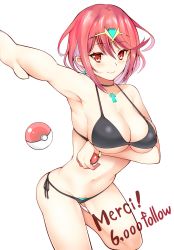 Rule 34 | 1girl, armpits, arms under breasts, bikini, black bikini, breasts, chest jewel, cleavage, cowboy shot, daive, earrings, french text, gem, highres, jewelry, large breasts, looking at viewer, nintendo, poke ball, poke ball (basic), pyra (xenoblade), red eyes, red hair, short hair, side-tie bikini bottom, simple background, smile, solo, swept bangs, swimsuit, thank you, tiara, white background, xenoblade chronicles (series), xenoblade chronicles 2